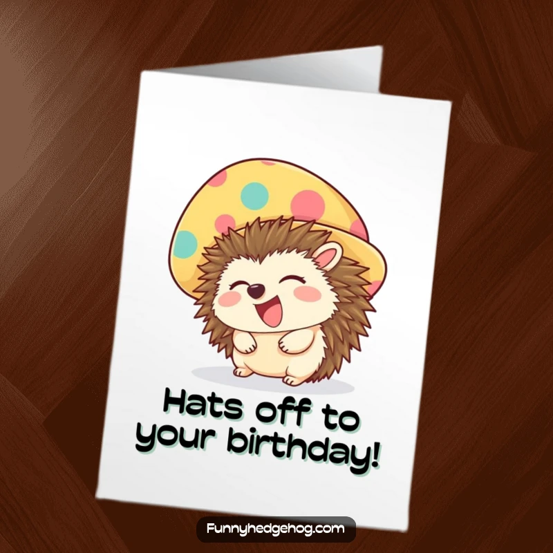 Funny Free Printable Birthday Card: A hedgehog giggles uncontrollably while wearing a comically oversized, brightly colored hat.