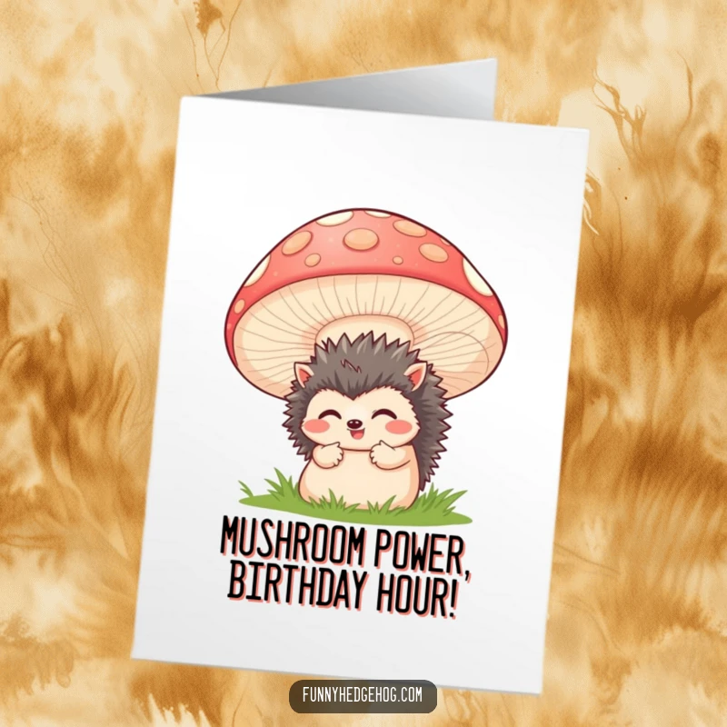 Funny Free Printable Birthday Card: Shy hedgehog peeking excitedly from behind a giant, grinning mushroom. A cute and quirky design.