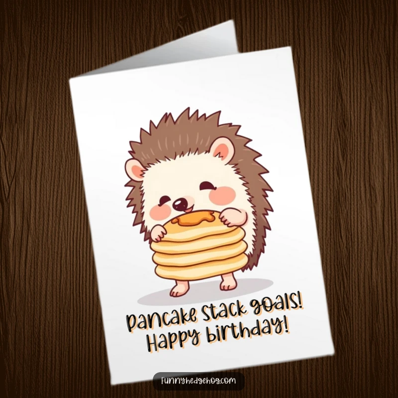 Funny Free Printable Birthday Card: Hedgehog precariously balances a wobbly stack of pancakes with a determined look.