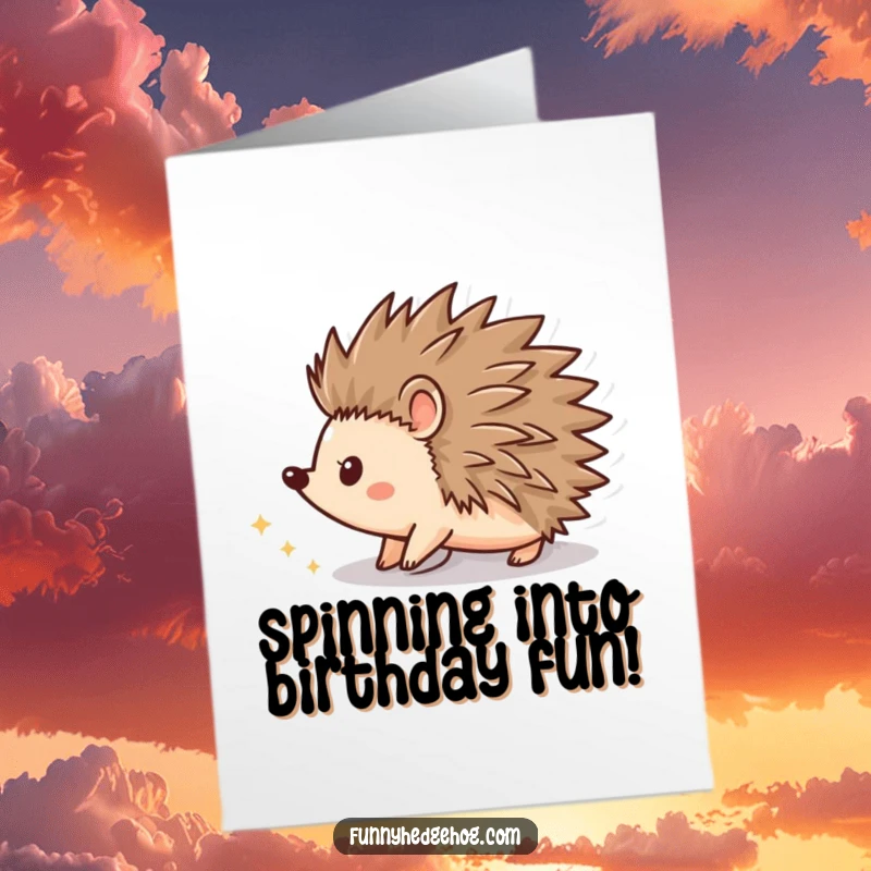 Funny Free Printable Birthday Card: A hedgehog shape spins dynamically, leaving a trail of shimmering, sparkling dust. Festive fun.
