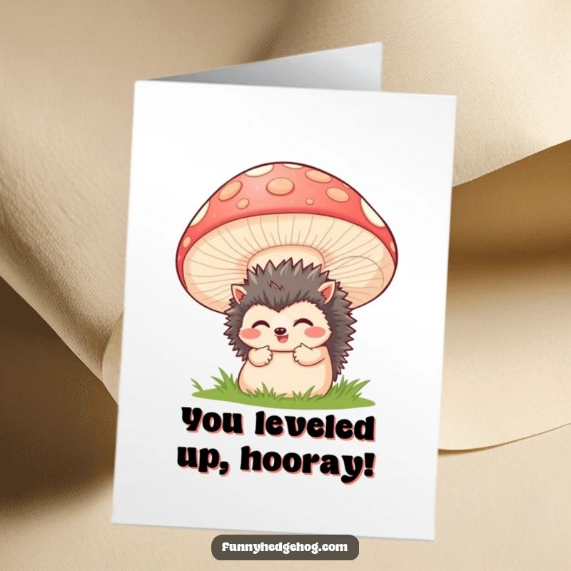 Funny Free Printable Congratulations Card: A little hedgehog shyly peeking from behind a big smiling mushroom. Celebrate with humor.