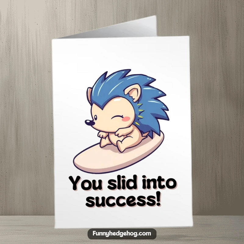Funny Free Printable Congratulations Card: A hedgehog enjoys a swift, smooth ride down a stylized slide.