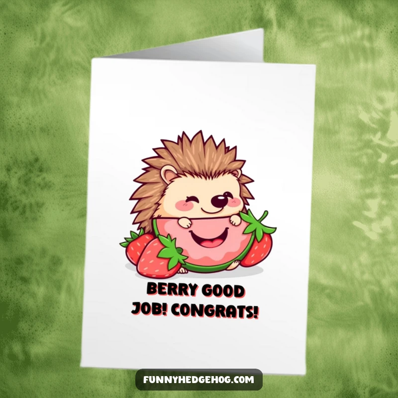 Funny Free Printable Hedgehog Congratulations Card nibbling a giant smiling strawberry, a cute way to say congrats.