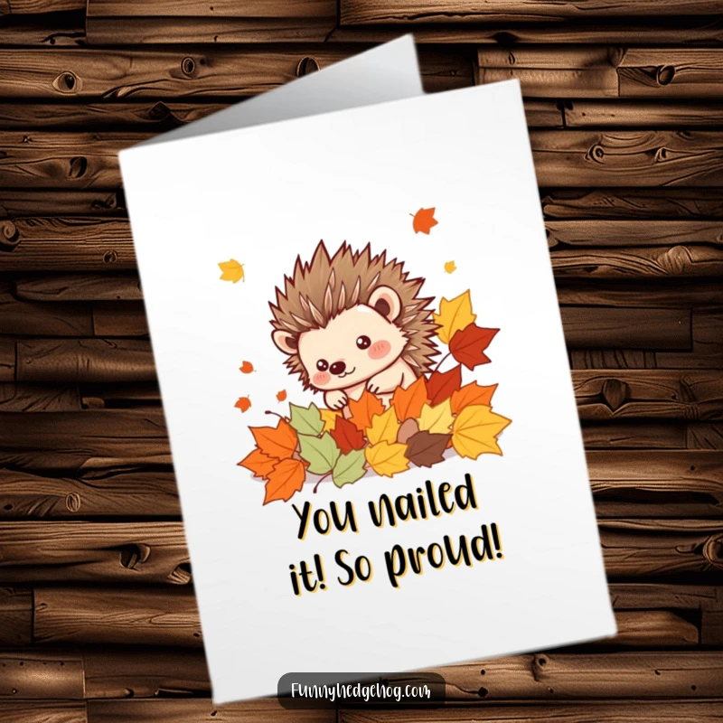 Funny Free Printable Hedgehog Congratulations Card peeking from autumn leaves, a cute way to say congrats.
