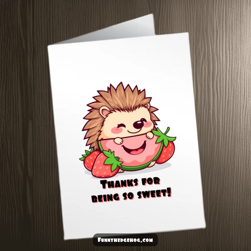Funny Free Printable Hedgehog Thank You Card nibbling a giant smiling strawberry, a cute way to thank someone.