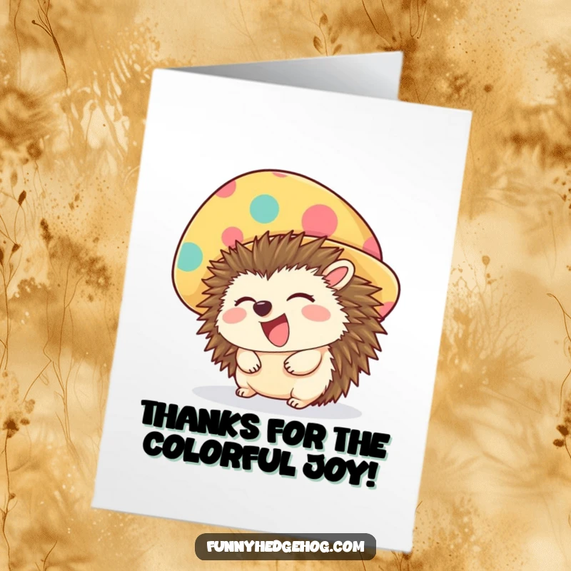 Funny Free Printable Thank You Card: A giggling hedgehog wears a large, whimsical hat, expressing thanks.