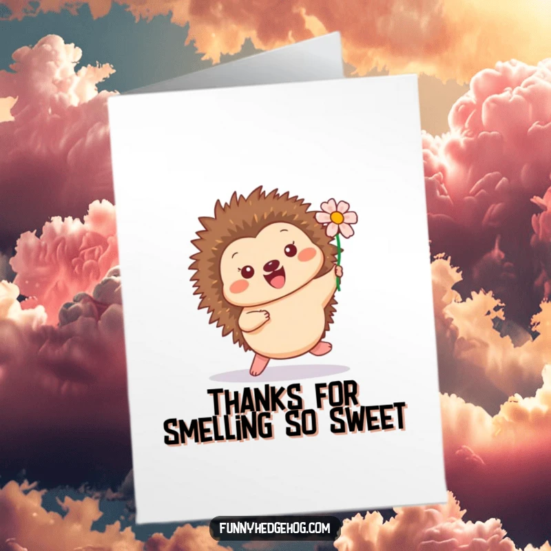 Funny Free Printable Thank You Card: A happy hedgehog hops, a flower nestled in its quills. A cute thank you.
