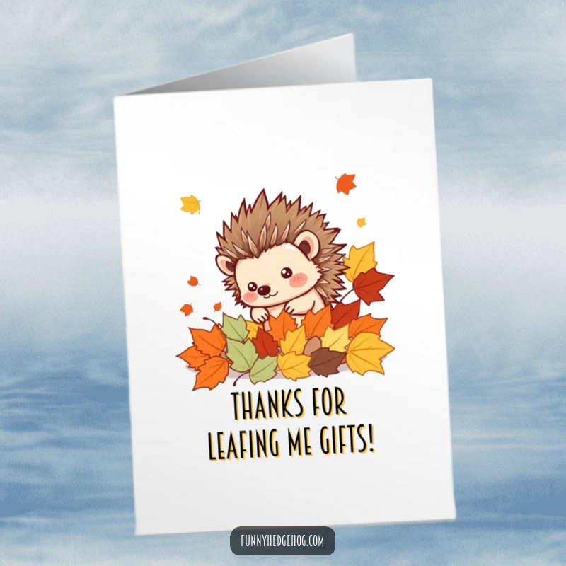 Funny Free Printable Hedgehog Thank You Card peeking from autumn leaves, a cute way to express gratitude.
