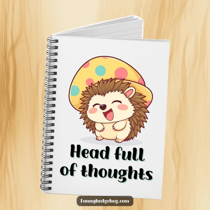 Funny notebook with a giggling hedgehog wearing an oversized, colorful hat, ideal for jotting down funny thoughts and plans.