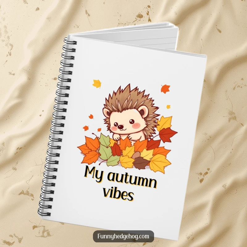 Funny Hedgehog Notebook: Cute spiky kawaii hedgehog peeking from autumn leaves, perfect for jotting down ideas with a touch of humor.
