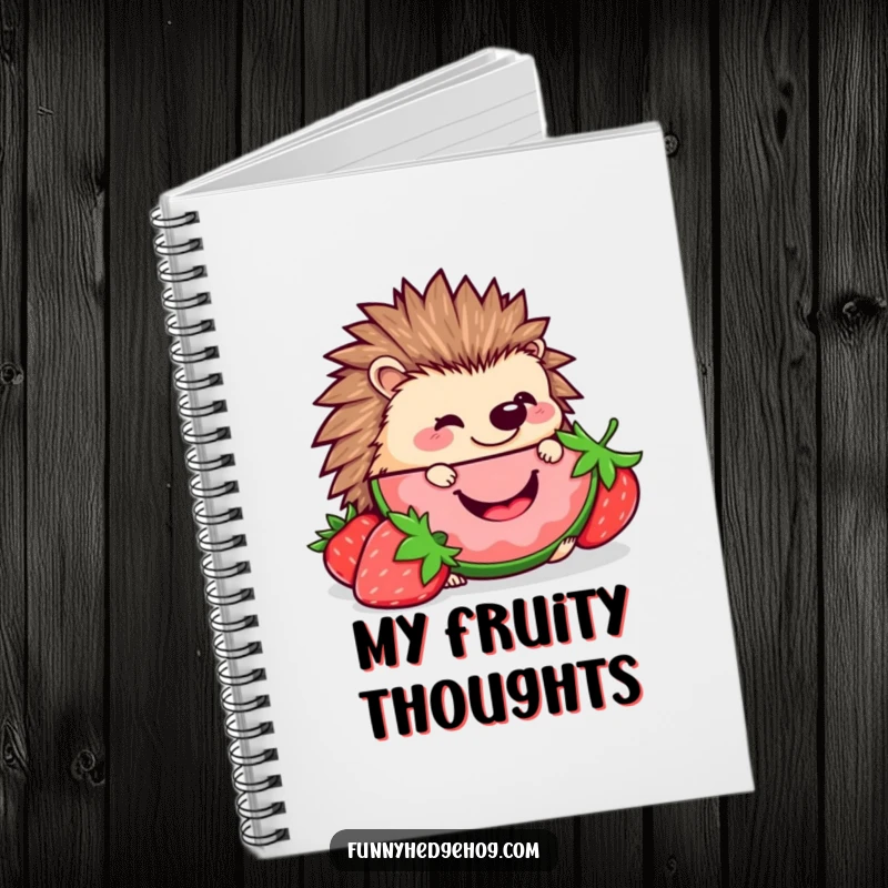 Funny Hedgehog Strawberry Notebook: A kawaii hedgehog happily nibbling a strawberry slice, perfect for capturing ideas with sweet, humorous flair.
