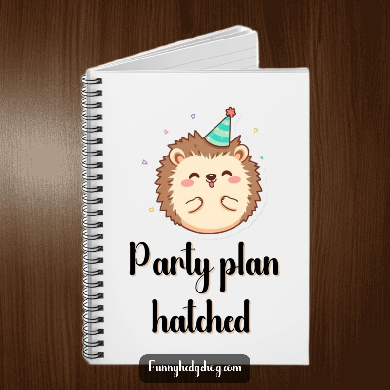 Funny round, happy hedgehog character notebook wearing a tiny party hat with confetti, for humorous journaling and party ideas.