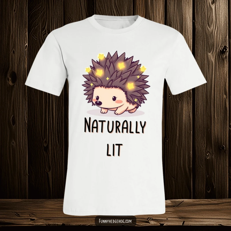 Funny t-shirt featuring a hedgehog with its spikes decorated with numerous tiny, glowing fireflies, evoking nighttime magic.