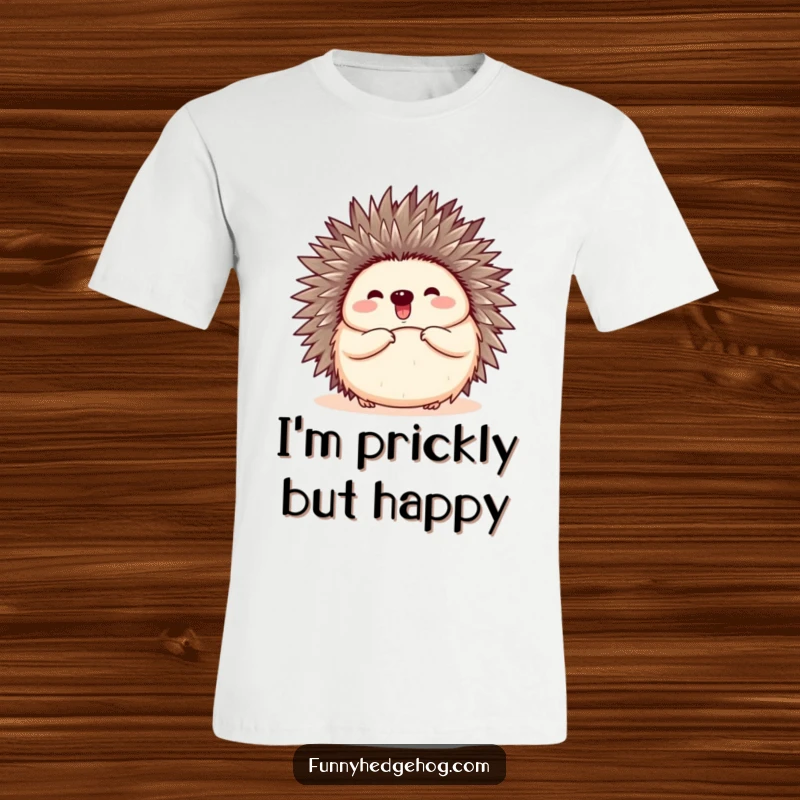 Funny t-shirt showing a hedgehog curled up, then joyfully unfurling itself with a happy expression, a delightful transformation.