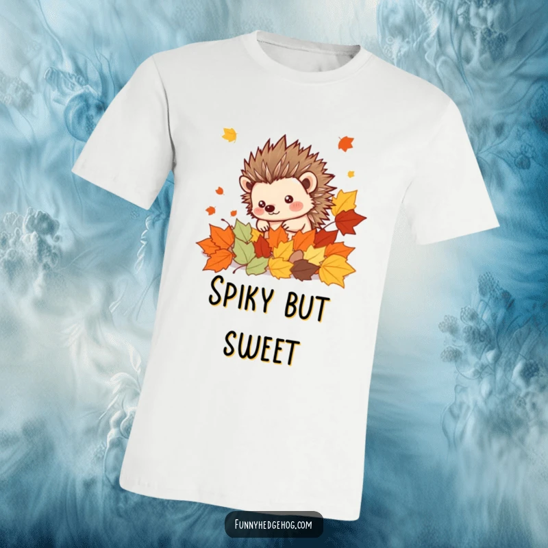 Funny Hedgehog Autumn Leaves T-Shirt: Spiky kawaii hedgehog peeking from cheerful fall leaves, showcasing a cute and cozy autumn vibe.