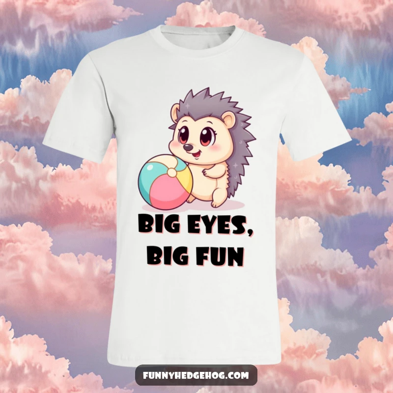 Funny T-shirt with a charming, big-eyed hedgehog energetically bouncing a beach ball, capturing a moment of playful, summery delight.