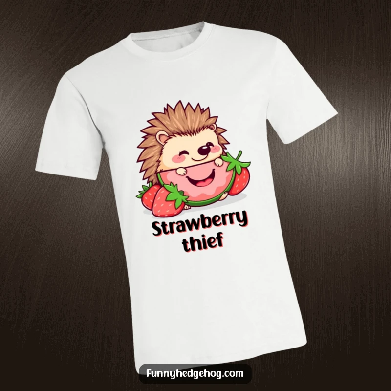 Funny Hedgehog Strawberry T-Shirt: A kawaii hedgehog happily eating a big, smiling strawberry slice, exuding pure, humorous delight.