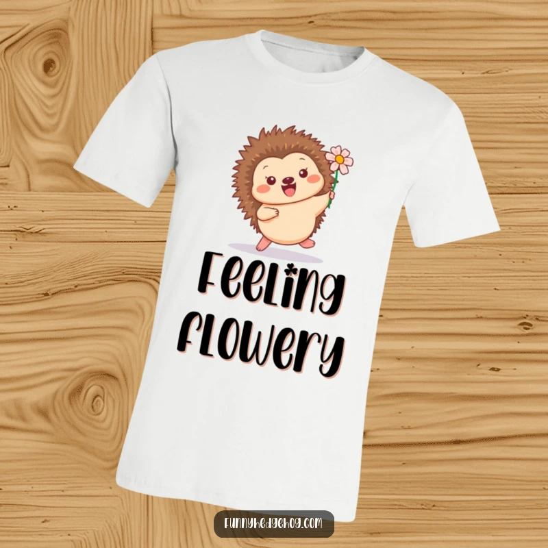 Funny t-shirt depicting a cheerful hedgehog doing a playful hop with a charming flower adorning its quills, conveying happiness.