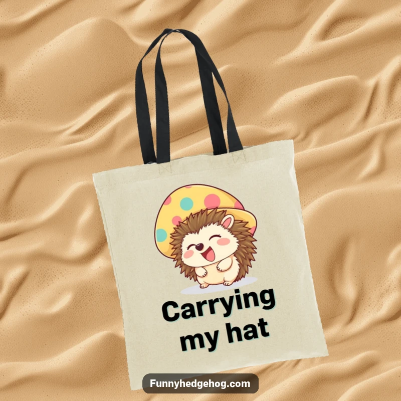 Funny tote bag with a giggling hedgehog wearing an oversized, colorful hat, perfect for carrying essentials with a humorous flair.
