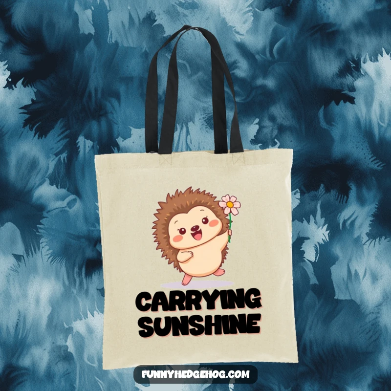Funny tote bag showing a happy hedgehog hopping playfully with a flower in its quills, perfect for daily use and carrying essentials.