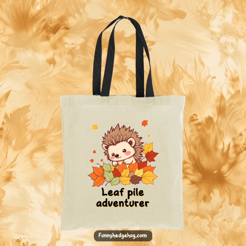 Funny Hedgehog Tote Bag: Cute spiky kawaii hedgehog emerges from cheerful autumn leaves, ready for errands with a smile.