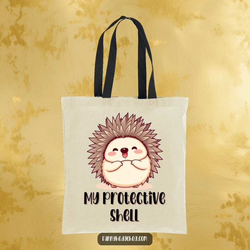 Funny tote bag featuring a hedgehog curled into a ball and then happily popping open, perfect for carrying goods with cuteness.