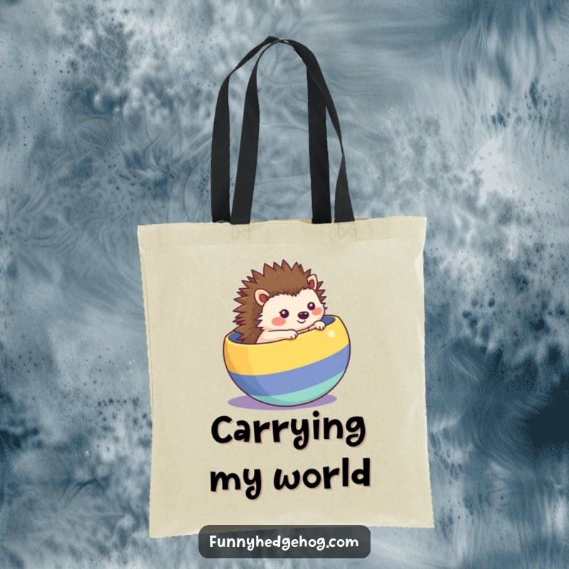 Funny kawaii hedgehog tote bag, rolling inside a striped ball, a humorous and practical accessory for daily use.