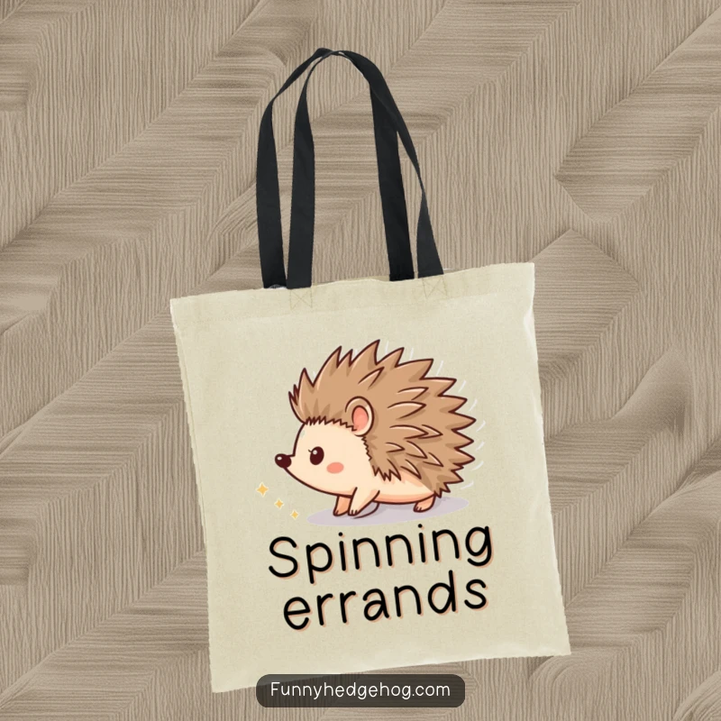 Funny tote bag featuring a hedgehog shape spinning with a trail of sparkling dust, perfect for carrying essentials in style.